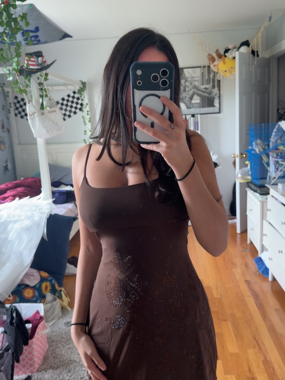 Windsor Brown Spaghetti-Strap Mini Dress with Subtle Floral Detail